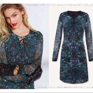 Cabi Noel Eternity Damask Teal Blue Printed Chiffon Dress Size XXS